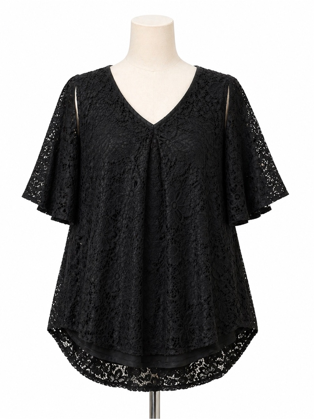 Investments Lace Flutter-Sleeve V-Neck Top - Black Size XL‎